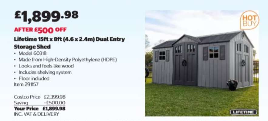 Lifetime 15ft x 8ft (4.6 x 2.4m) Dual Entry Storage Shed