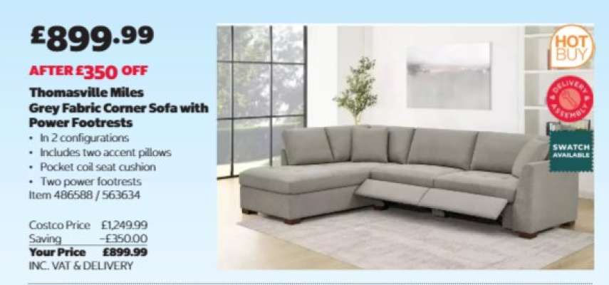 Thomasville Miles Grey Fabric Corner Sofa with Power Footrests