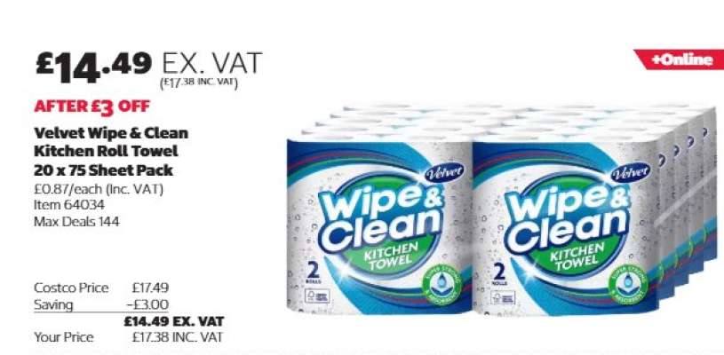 Velvet Wipe & Clean Kitchen Roll Towel, 20 x 75 Sheet Pack