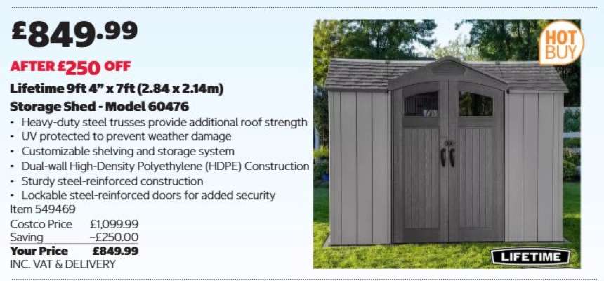 Lifetime 9ft 4" x 7ft (2.84 x 2.14m) Storage Shed - Model 60476