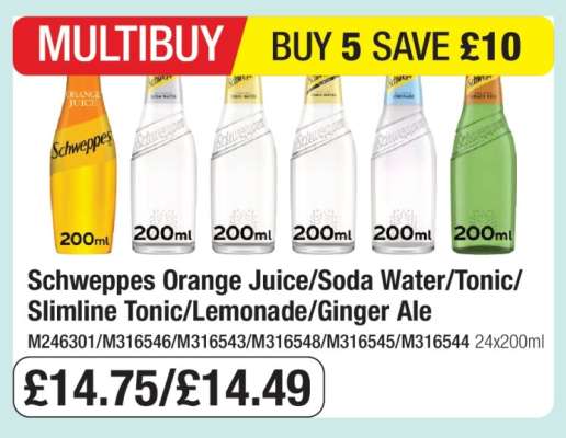 Schweppes Orange Juice/Soda Water/Tonic/Slimline Tonic/Lemonade/Ginger Ale