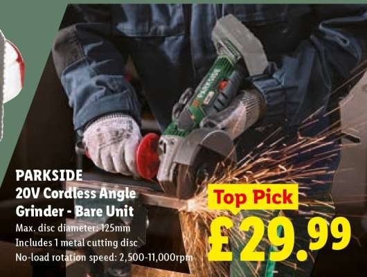 Parkside 20V Cordless Angle Grinder - Bare Unit