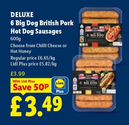 DELUXE 6 Big Dog British Pork Hot Dog Sausages